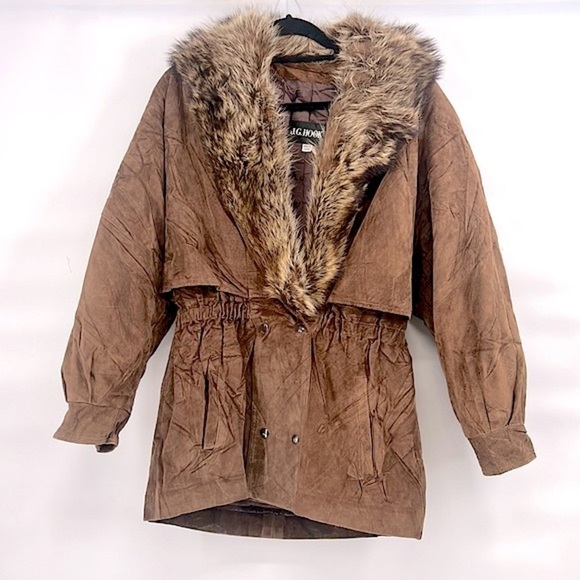Vintage 80s brown leather jacket fur collar size medium boho - Picture 1 of 6